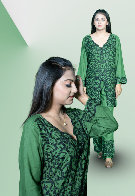 VAMIKA GREEN FANCY HEAVY RAYON READYMADE WESTERN CORD SET
