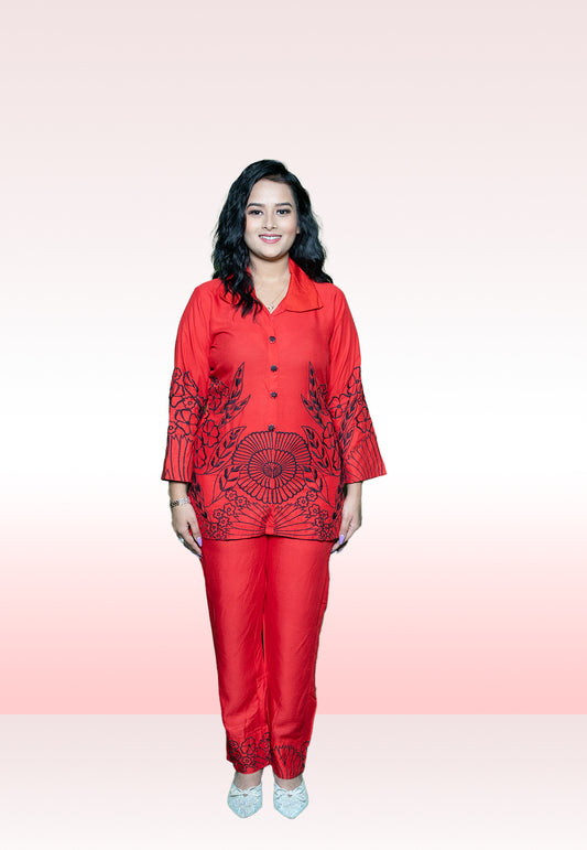 VAMIKA RED COLLARED HEAVY RAYON READYMADE WESTERN CORD SET