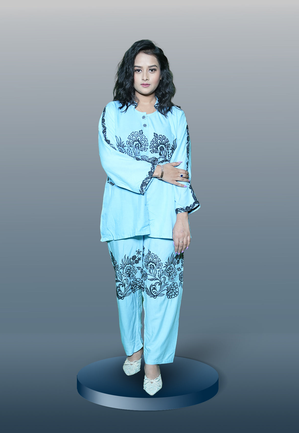VAMIKA SKY-BLUE COLLARED HEAVY RAYON READYMADE WESTERN CORD SET