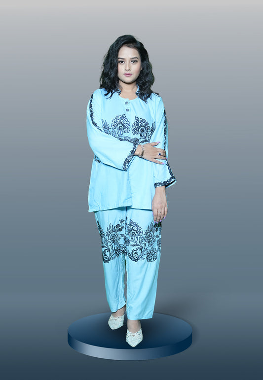 VAMIKA SKY-BLUE COLLARED HEAVY RAYON READYMADE WESTERN CORD SET