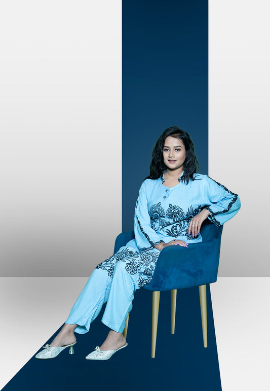 VAMIKA SKY-BLUE COLLARED HEAVY RAYON READYMADE WESTERN CORD SET